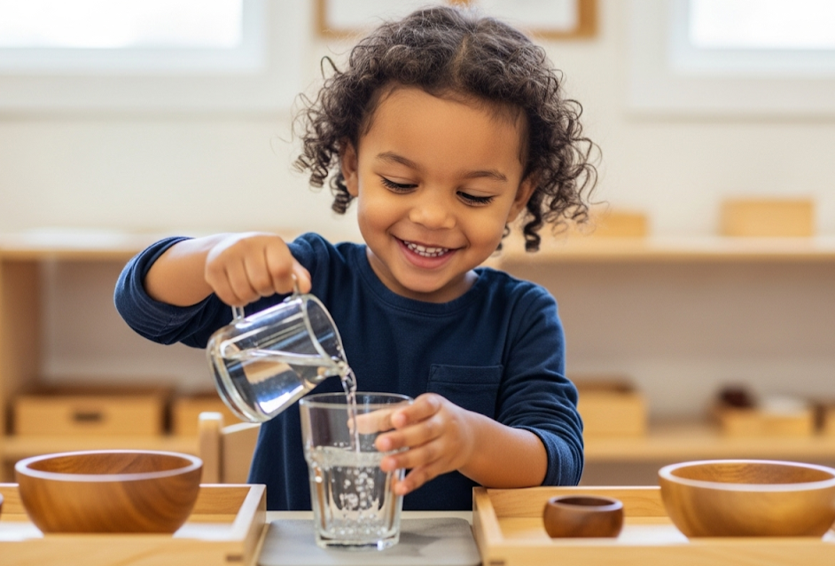 Child pouring water from pitcher into glass with concentration