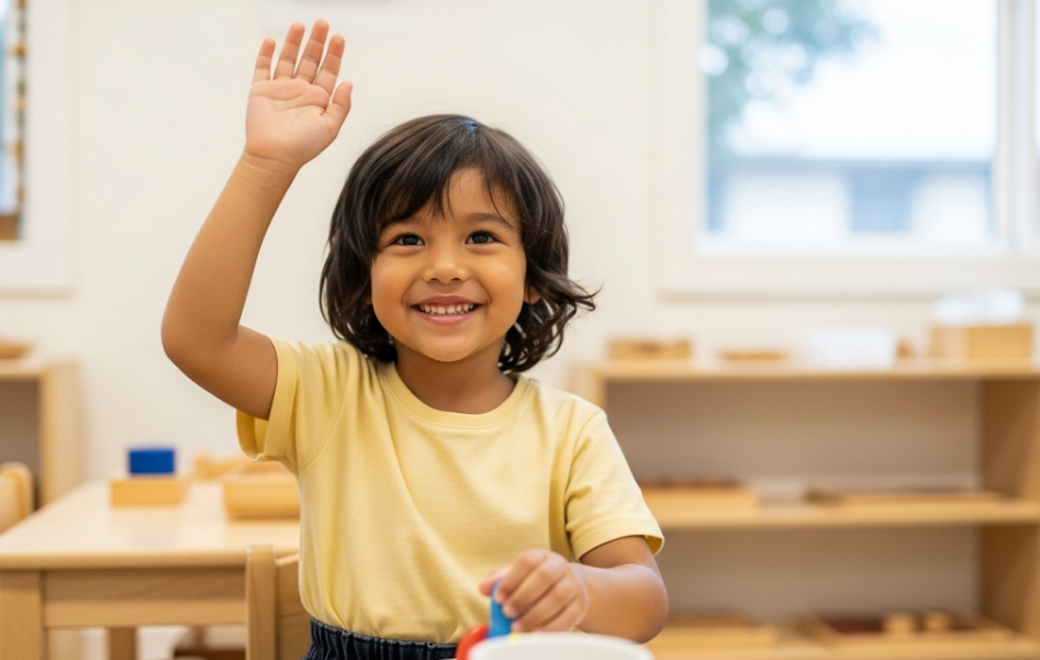 Child raising hand politely to interrupt or ask for attention