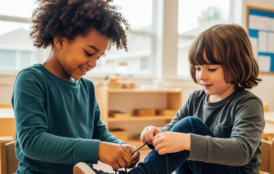 Children helping each other with Montessori materials