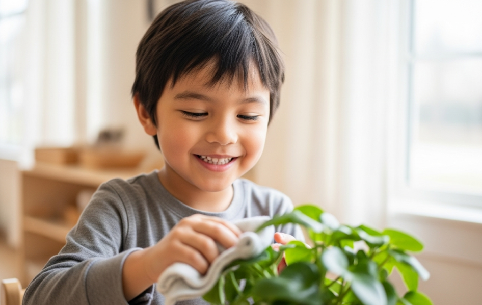 Child caring for a plant by watering it