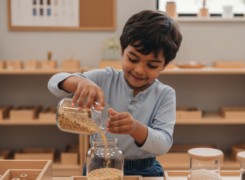 Child pouring grains in Montessori classroom