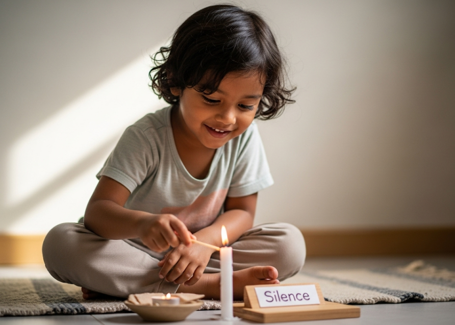 Child sitting peacefully with lit candle during Montessori Silence Game activity