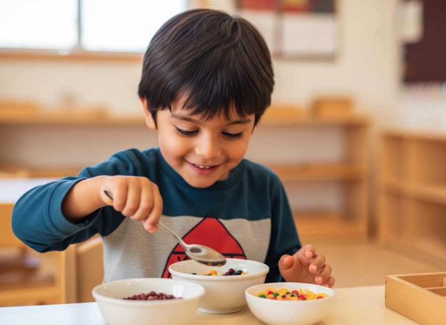 Child practicing spooning exercise with colorful materials