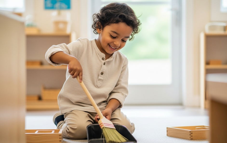 Child sweeping with a small broom in Montessori classroom