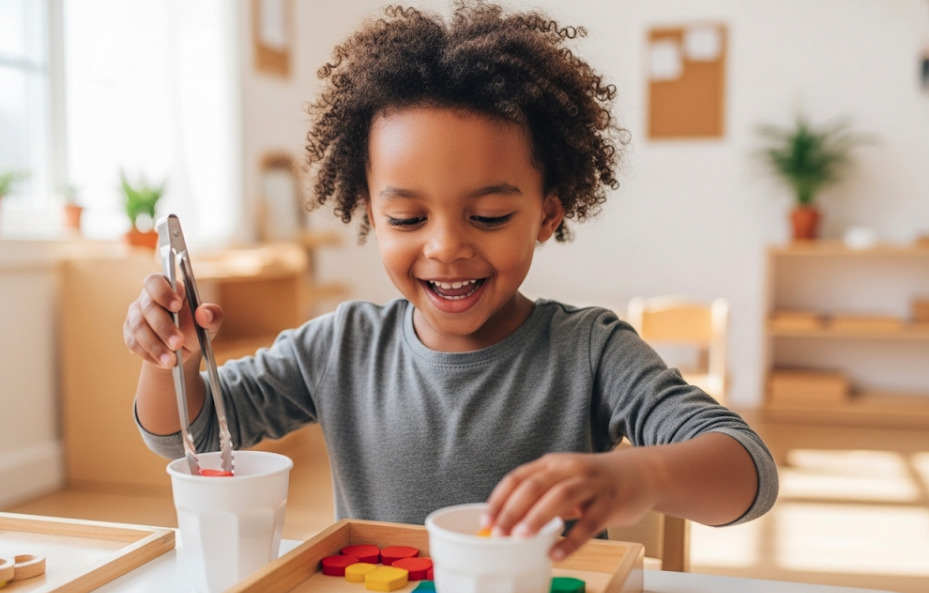 Child using tongs with colorful materials in Montessori classroom