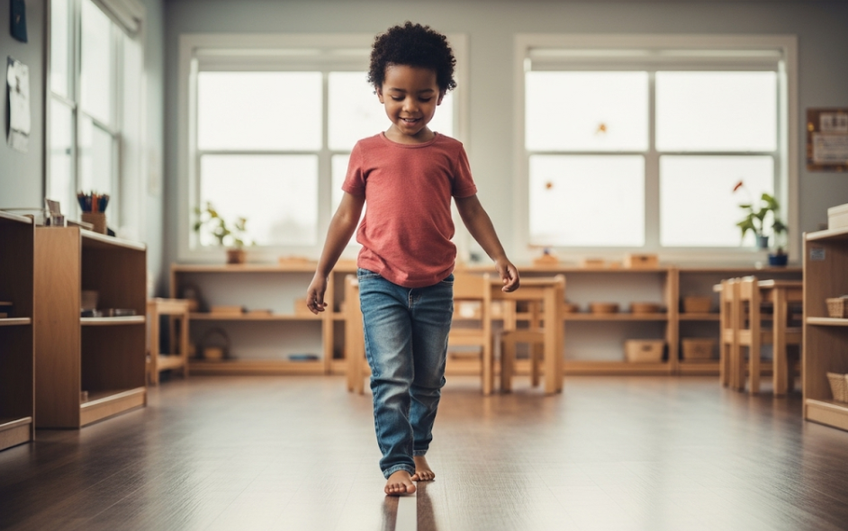 Child walking with concentration and balance in Montessori classroom