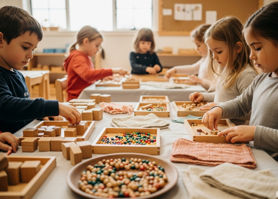 Child working with Montessori learning materials